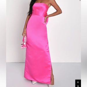 Fabulous Intentions Hot Pink Satin Strapless Bow Maxi Dress, size XLarge